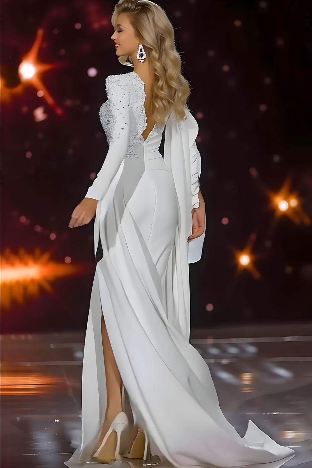White Mermaid Sparkly Long Sleeves Pageant Dress with Slit