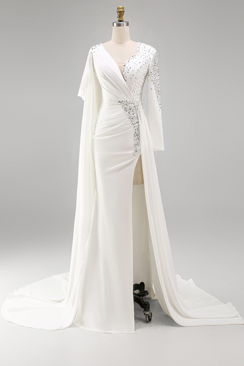 White Mermaid Sparkly Long Sleeves Pageant Dress with Slit