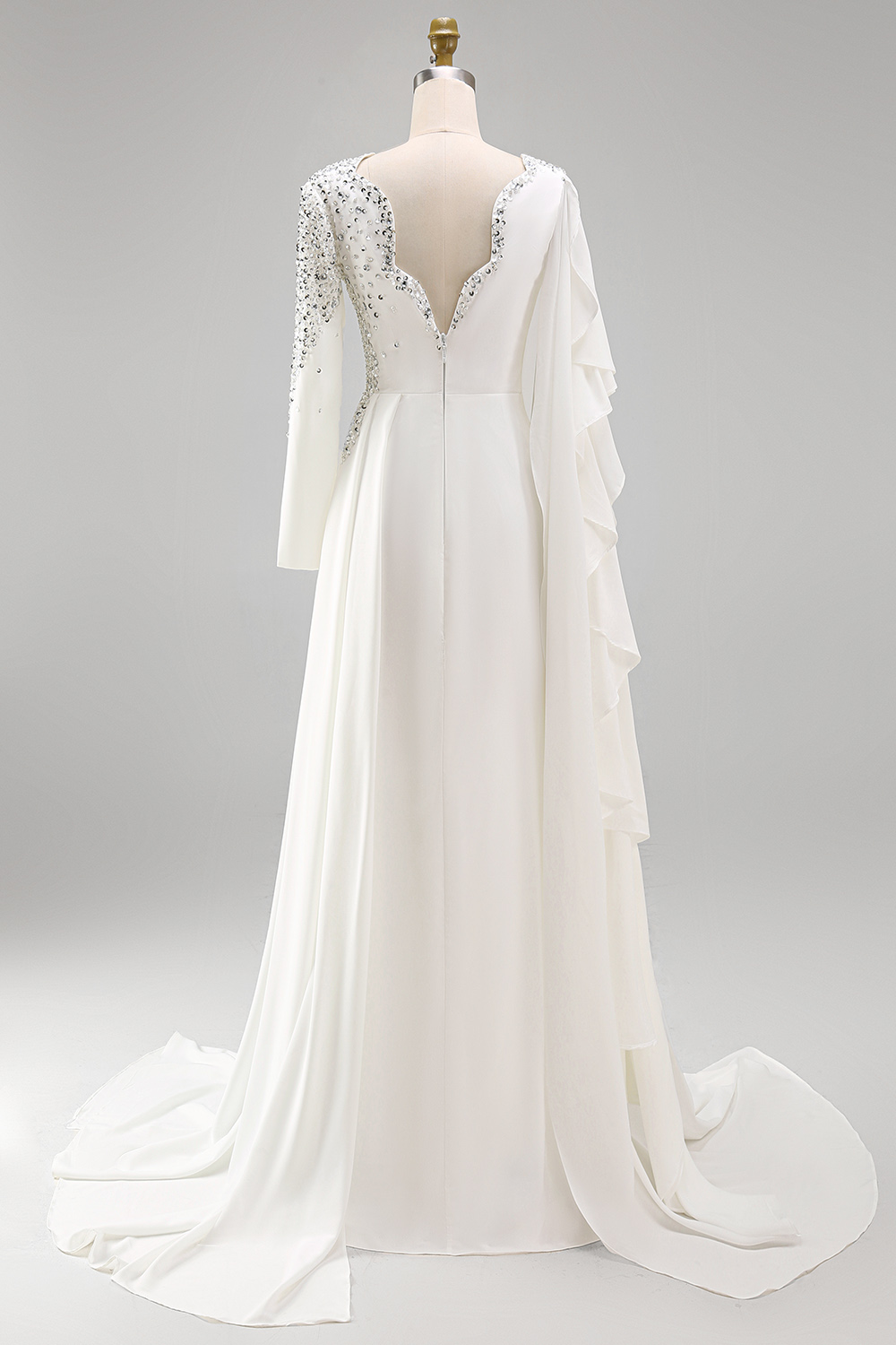 White Mermaid Sparkly Long Sleeves Pageant Dress with Slit