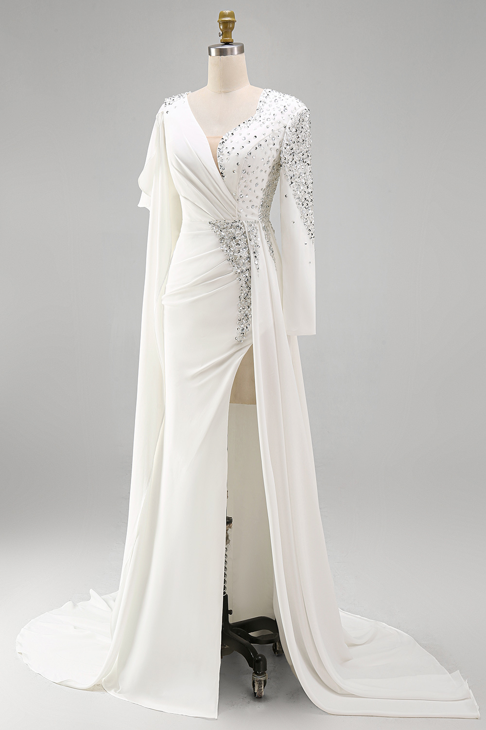 White Mermaid Sparkly Long Sleeves Pageant Dress with Slit