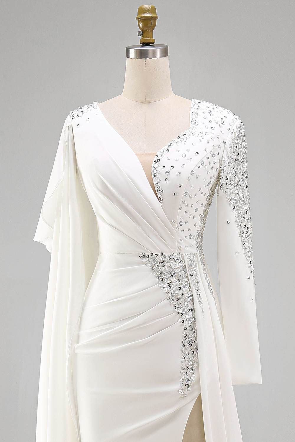White Mermaid Sparkly Long Sleeves Pageant Dress with Slit
