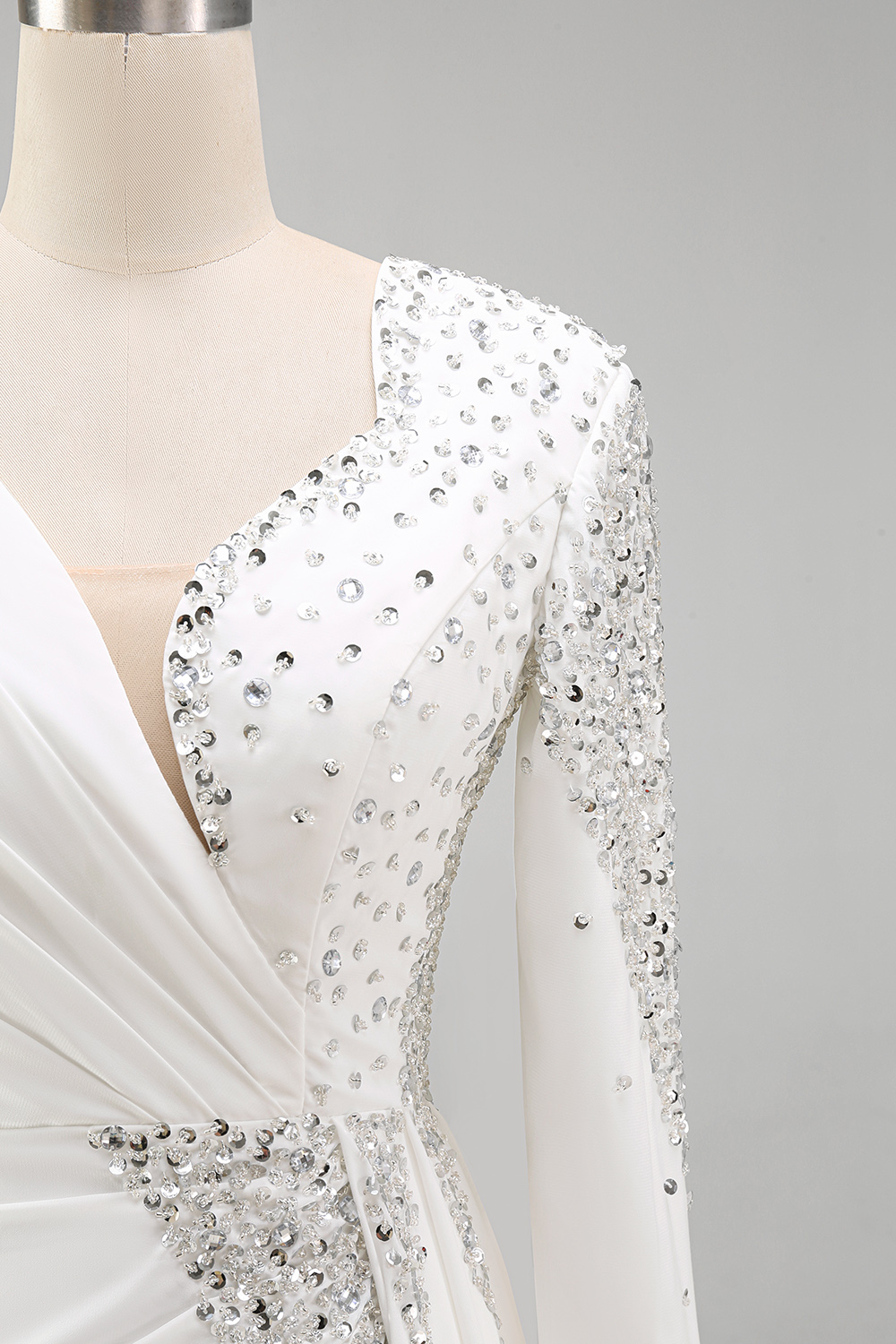 White Mermaid Sparkly Long Sleeves Pageant Dress with Slit