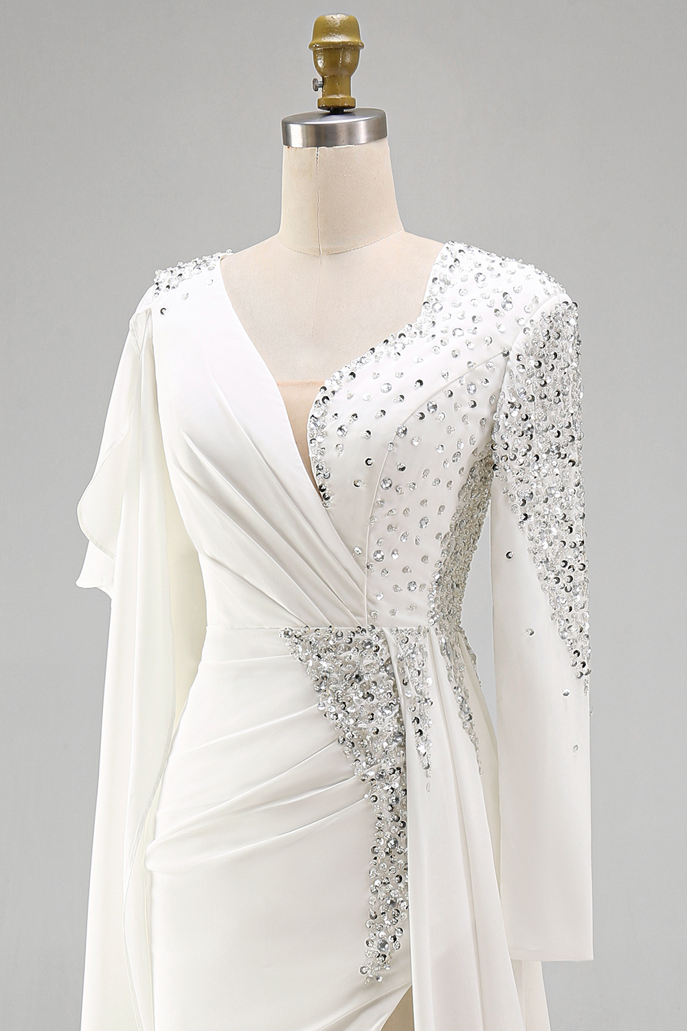 White Mermaid Sparkly Long Sleeves Pageant Dress with Slit