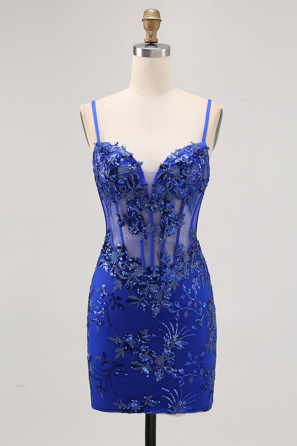 Sparkly Royal Blue Bodycon Tulle Short Corset Homecoming Dress with Lace