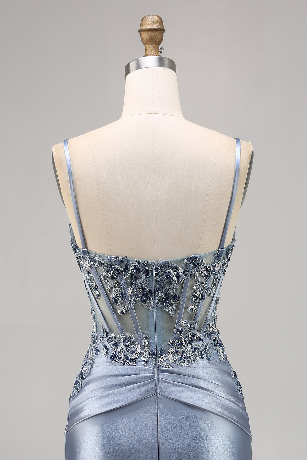 Grey Blue Satin Corset Tight Short Homecoming Dress with Appliques