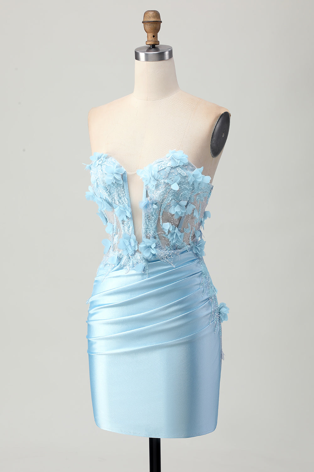 Sky Blue Corset Satin Tight Short Floral Homecoming Dress