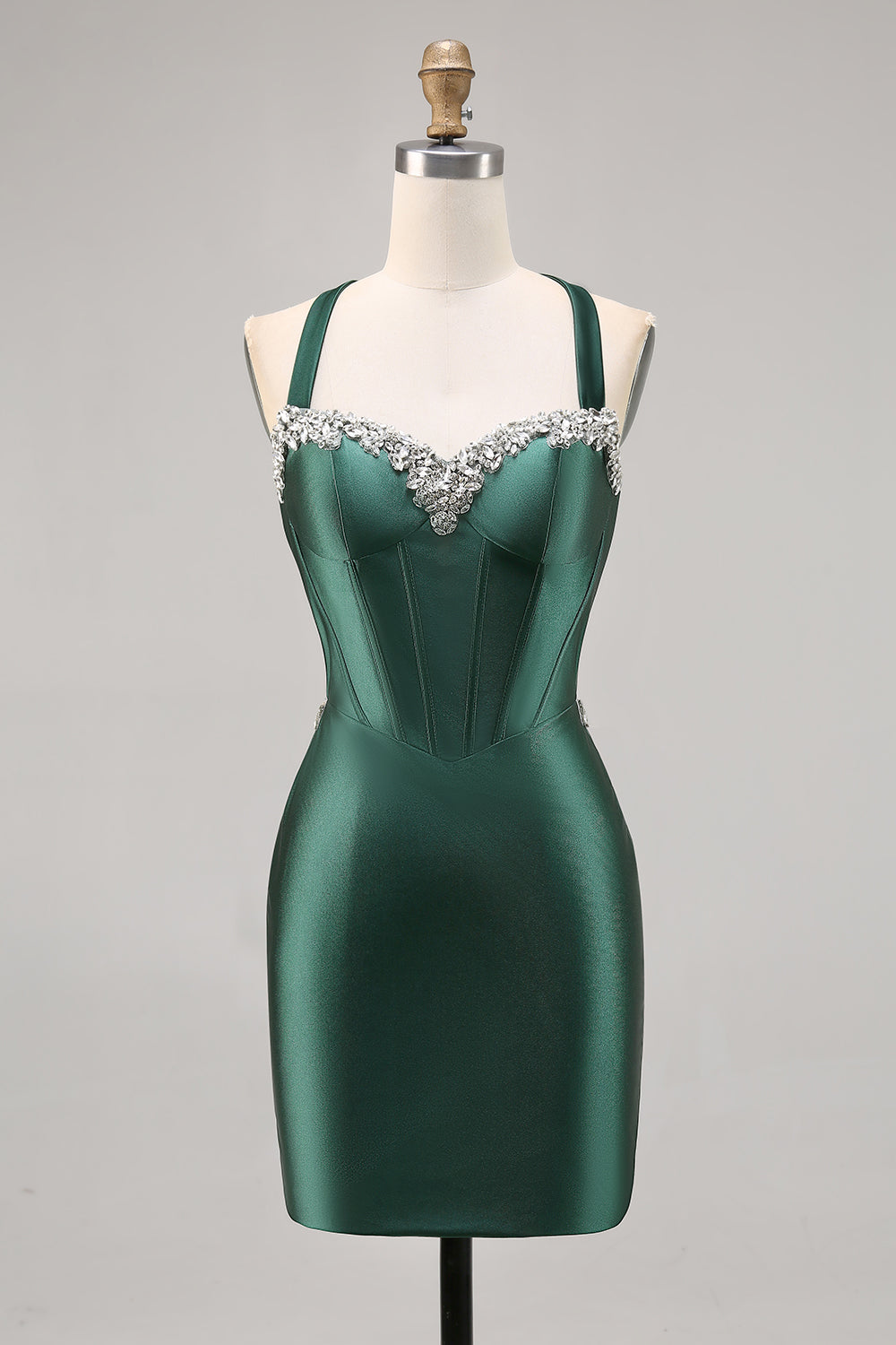 Sparkly Dark Green Satin Corset Short Tight Homecoming Dress with Beading