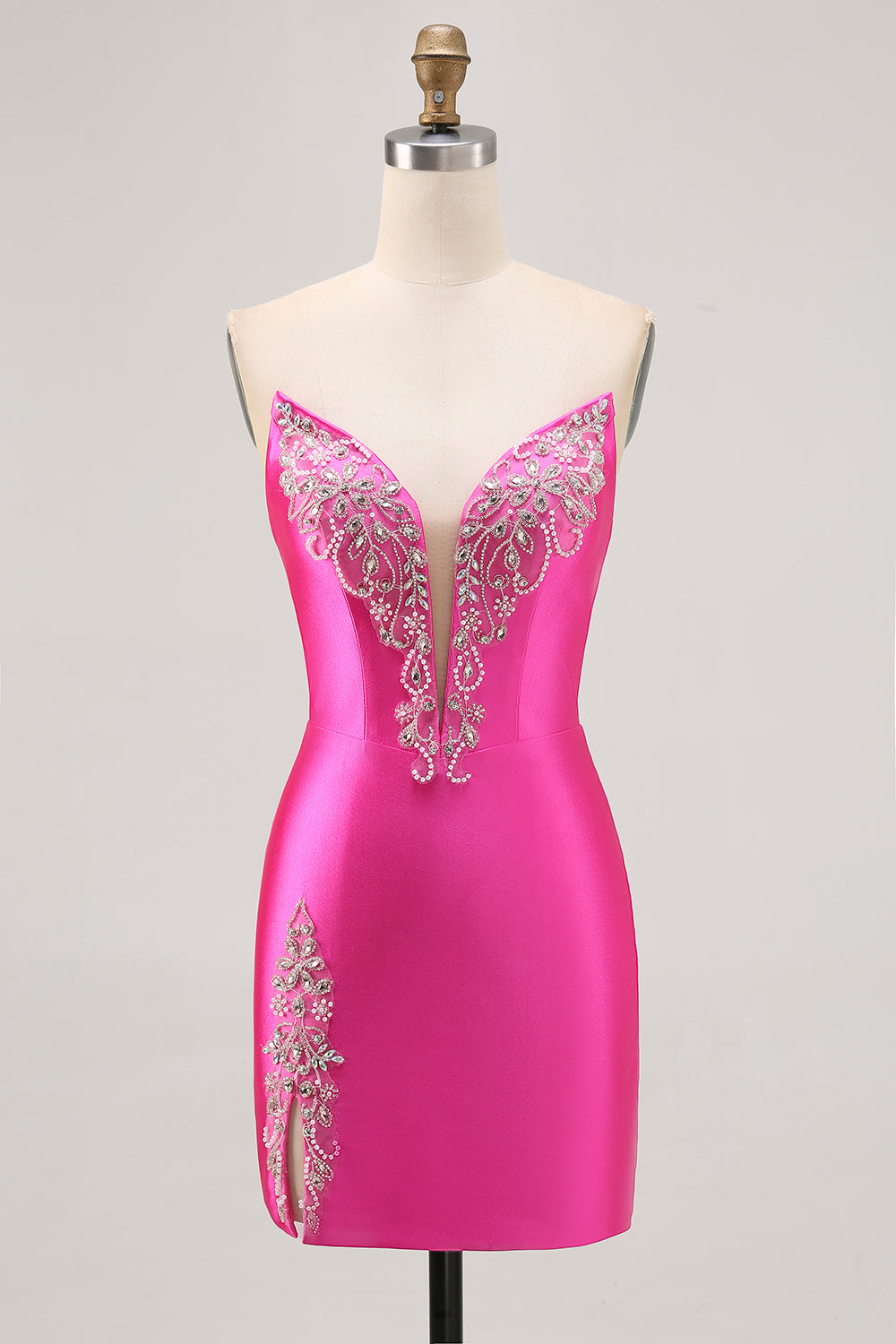 Sparkly Fuchsia Tight Strapless Short Satin Homecoming Dress with Beading