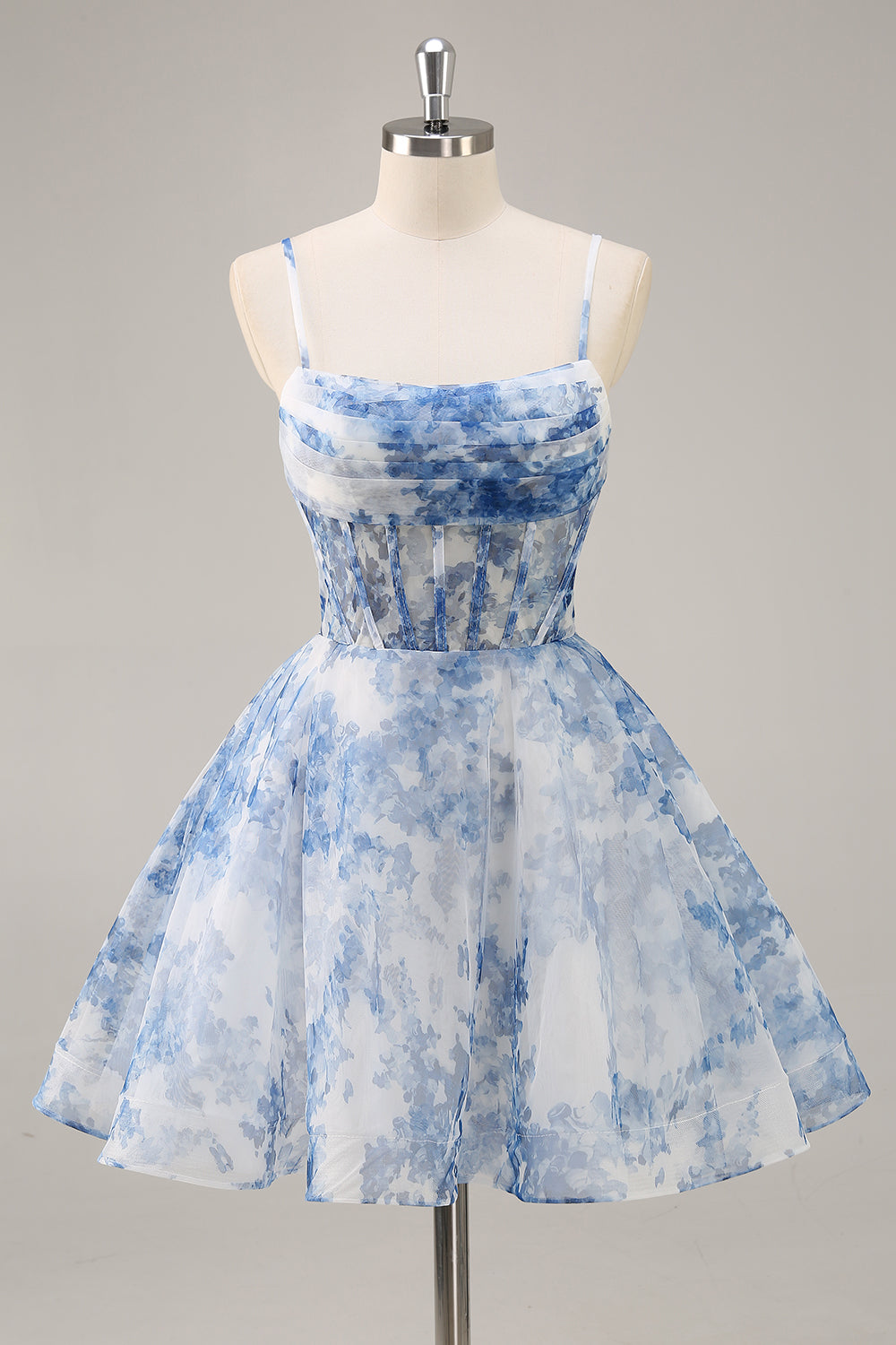 White and Blue Floral Corset Ruched Short Homecoming Dress
