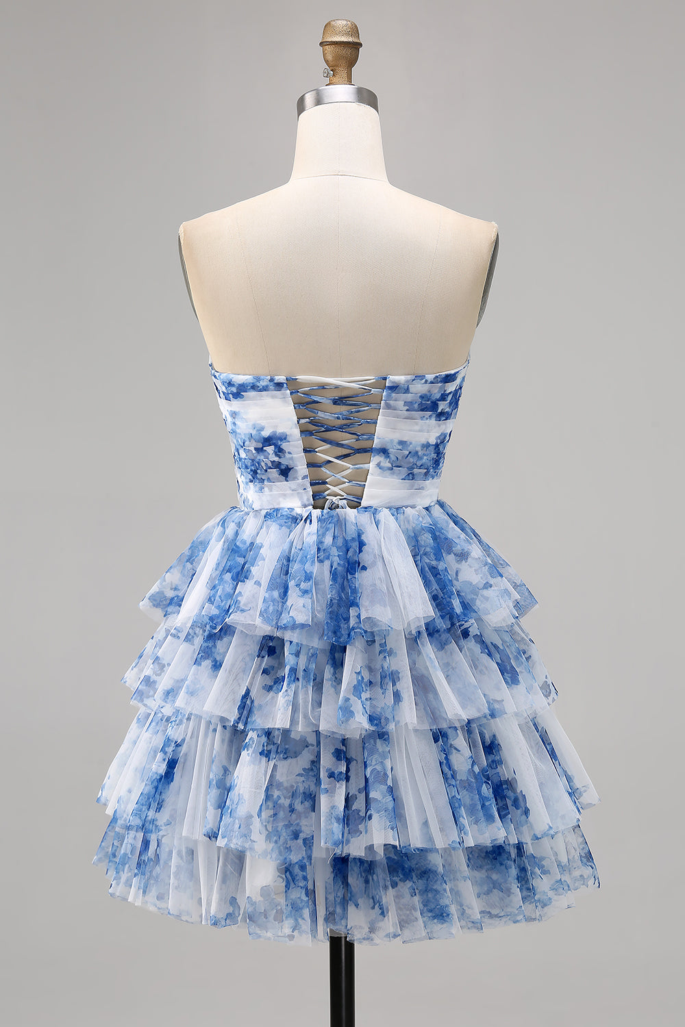 White and Blue Floral Sweetheart Ruffled Short Homecoming Dress with Bows