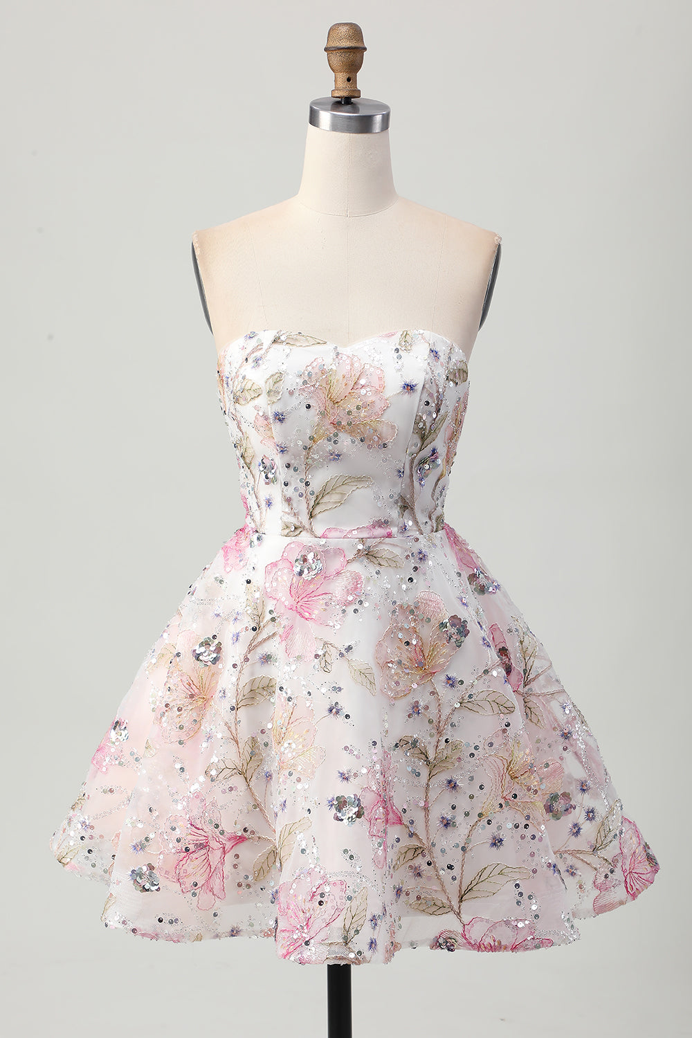 Sparkly Pink A Line Short Floral Homecoming Dress