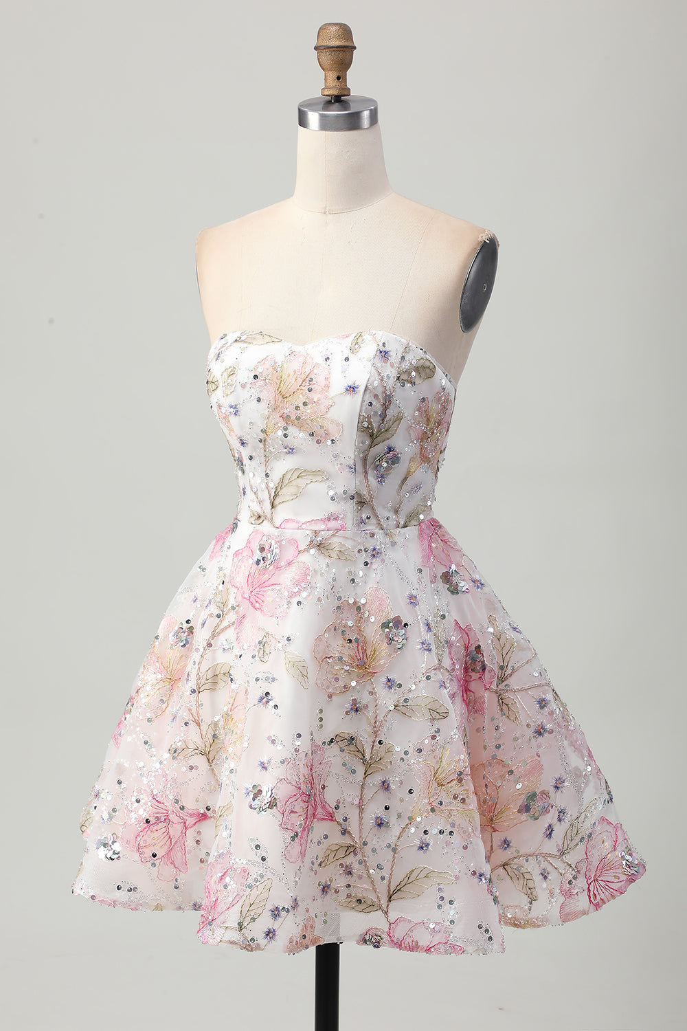 Sparkly Pink A Line Short Floral Homecoming Dress
