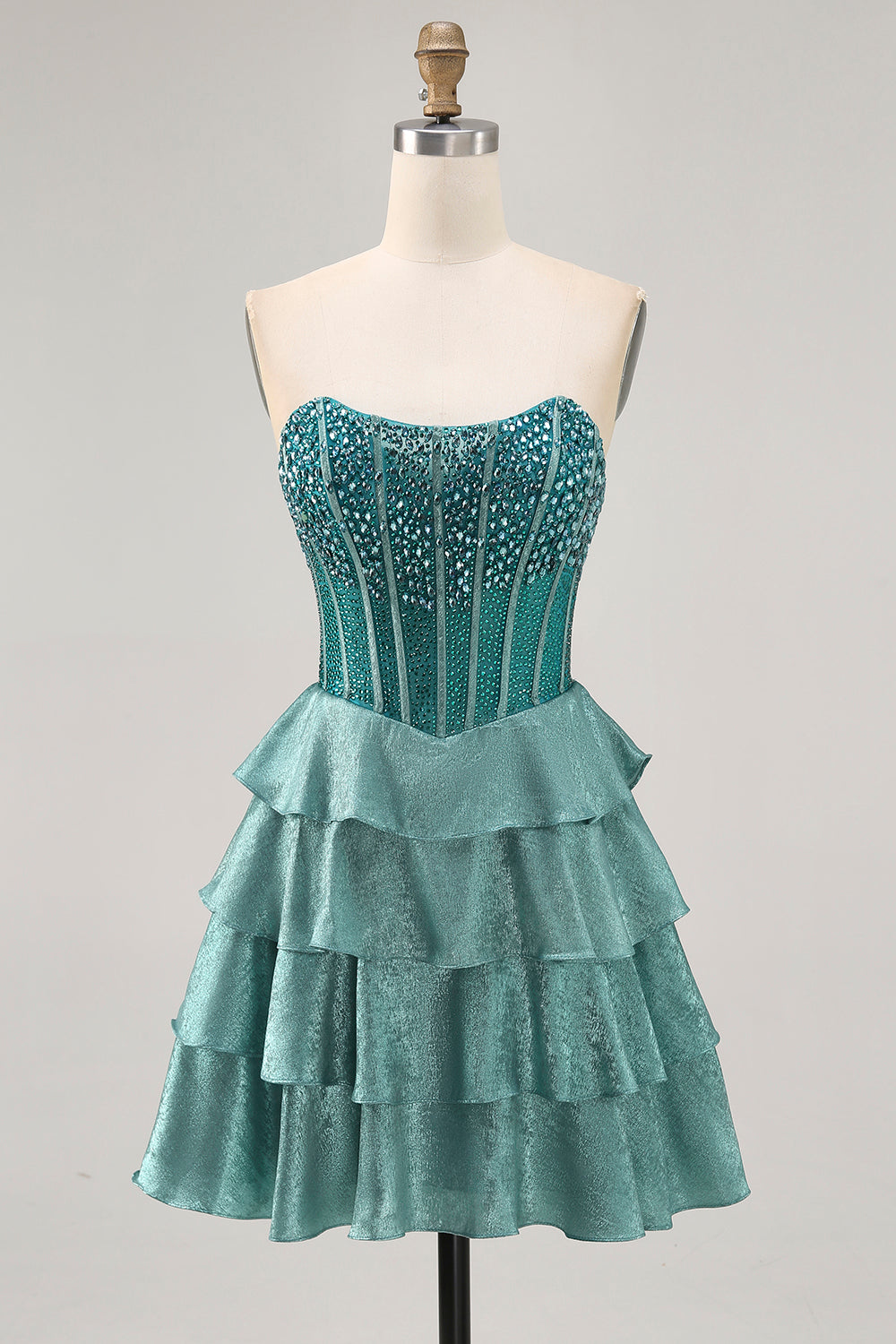 Sparkly Peacock Green Strapless Corset Tiered Short Homecoming Dress