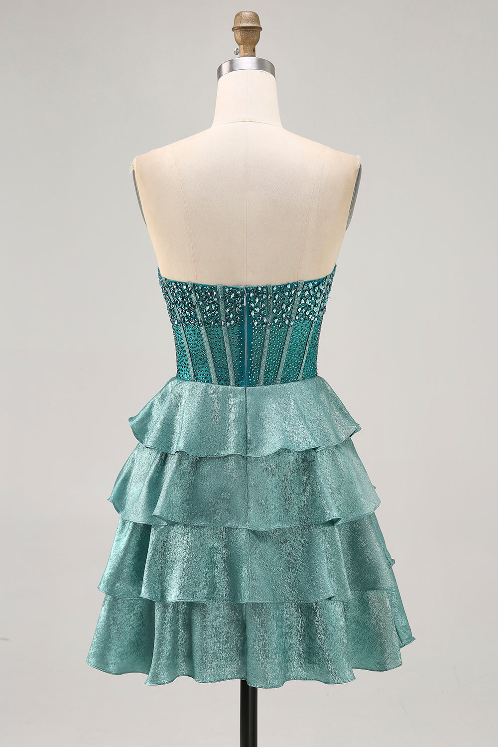 Sparkly Peacock Green Strapless Corset Tiered Short Homecoming Dress
