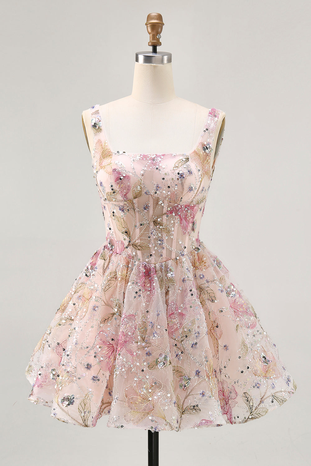 Sparkly Pink Beaded Corset Short Floral Homecoming Dress with Sequins