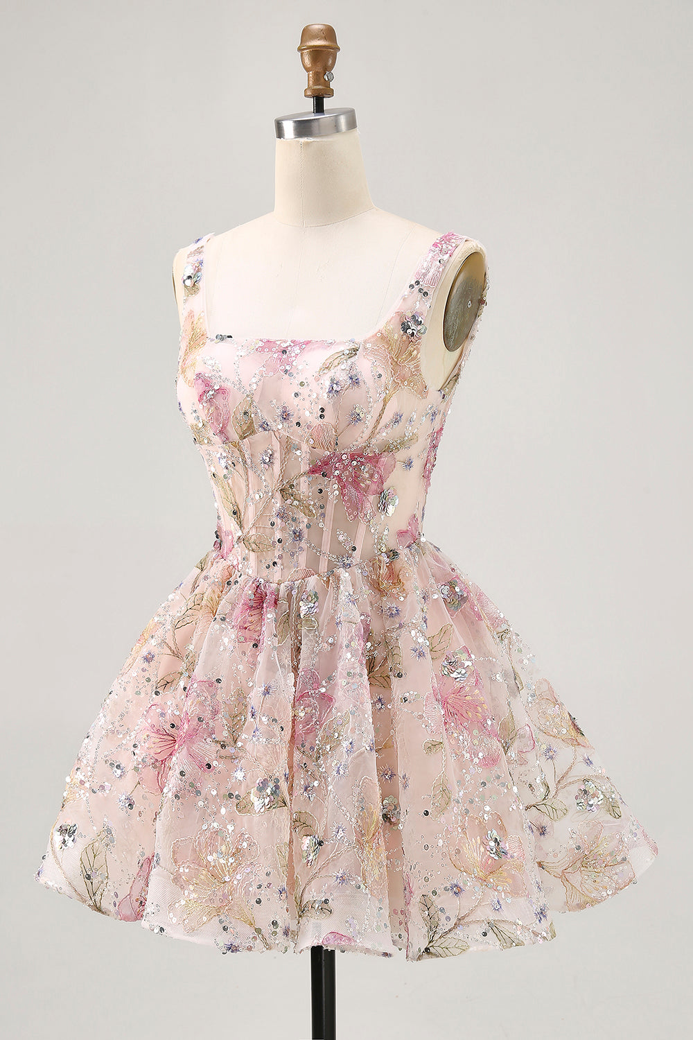 Sparkly Pink Beaded Corset Short Floral Homecoming Dress with Sequins