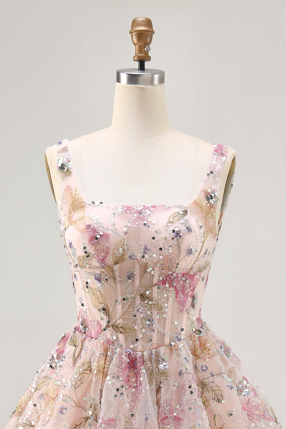 Sparkly Pink Beaded Corset Short Floral Homecoming Dress with Sequins