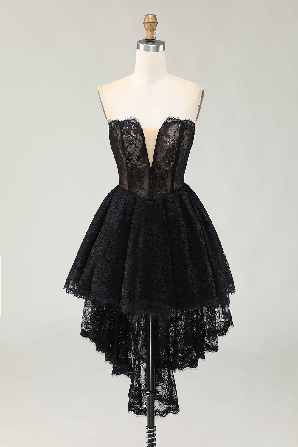 Black Lace A-Line Sweetheart High-Low Cocktail Dress with Ruffles