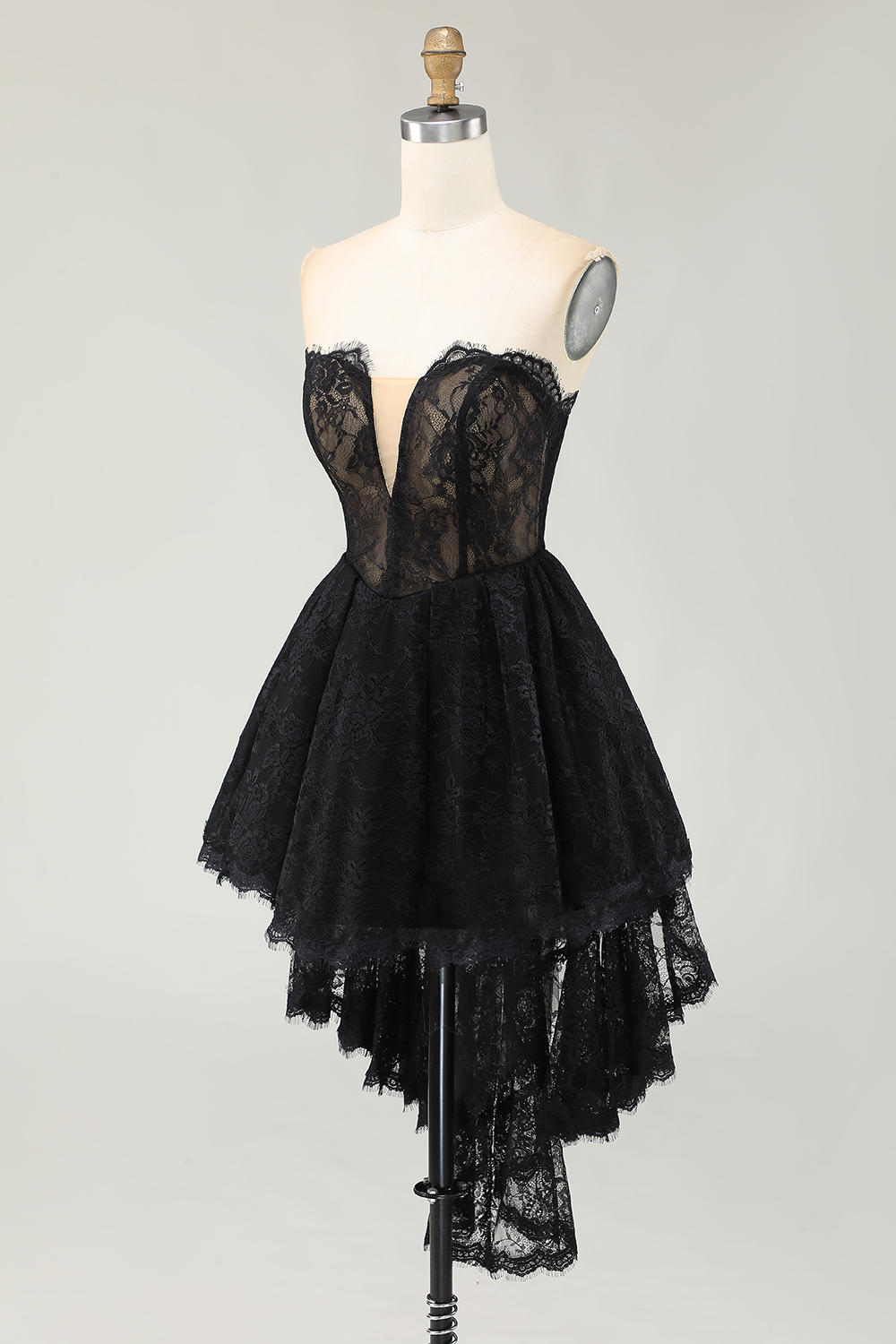 Black Lace A-Line Sweetheart High-Low Cocktail Dress with Ruffles
