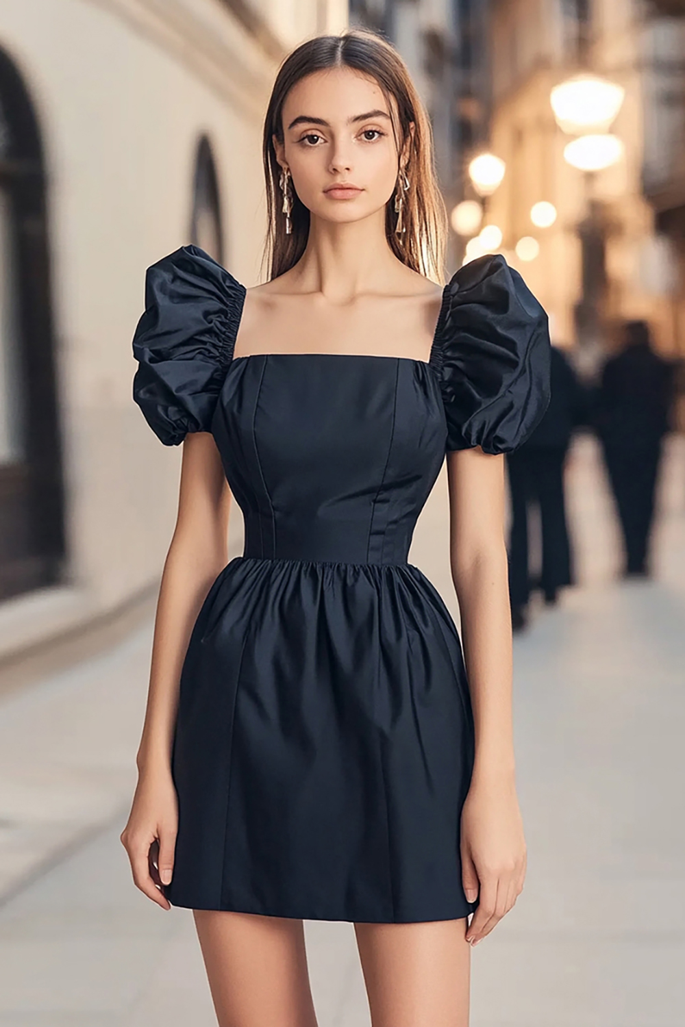 Navy Puff Sleeves Short Square Neck Cocktail Dress