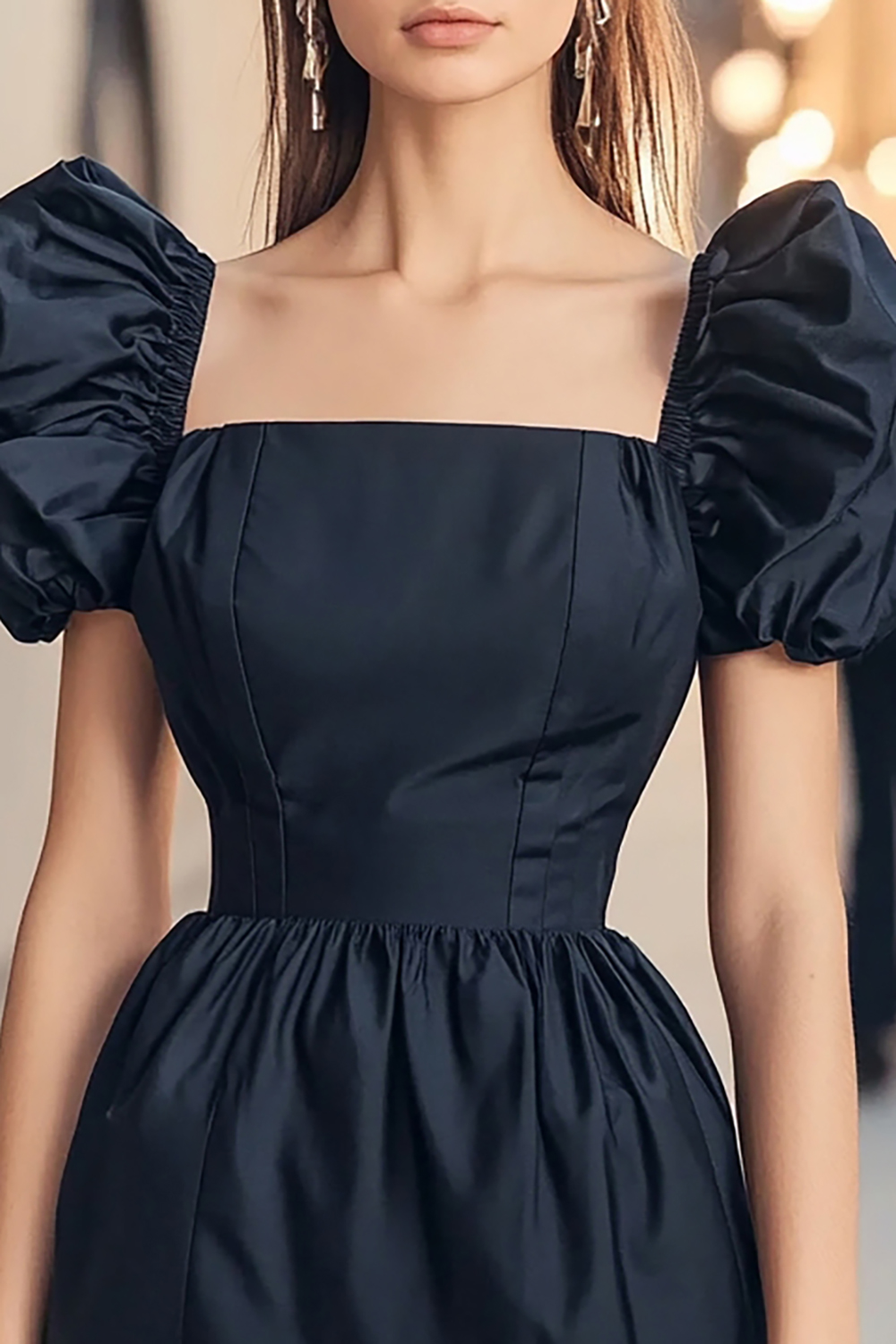 Navy Puff Sleeves Short Square Neck Cocktail Dress