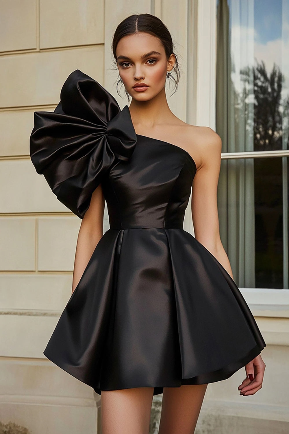 Black A Line Short Satin Homecoming Dress with Ruffles