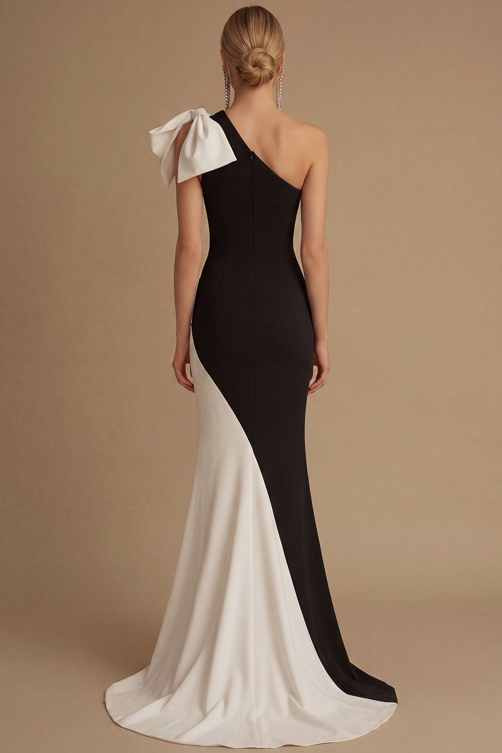 Black and White Mermaid Long Satin Evening Dress with Bow