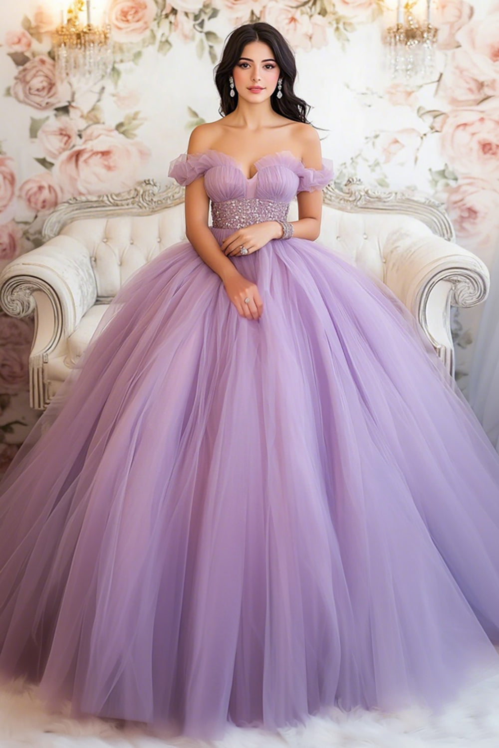 Lilac Ball Gown Tulle Off the Shoulder Long Quinceanera Dress with Ruffles