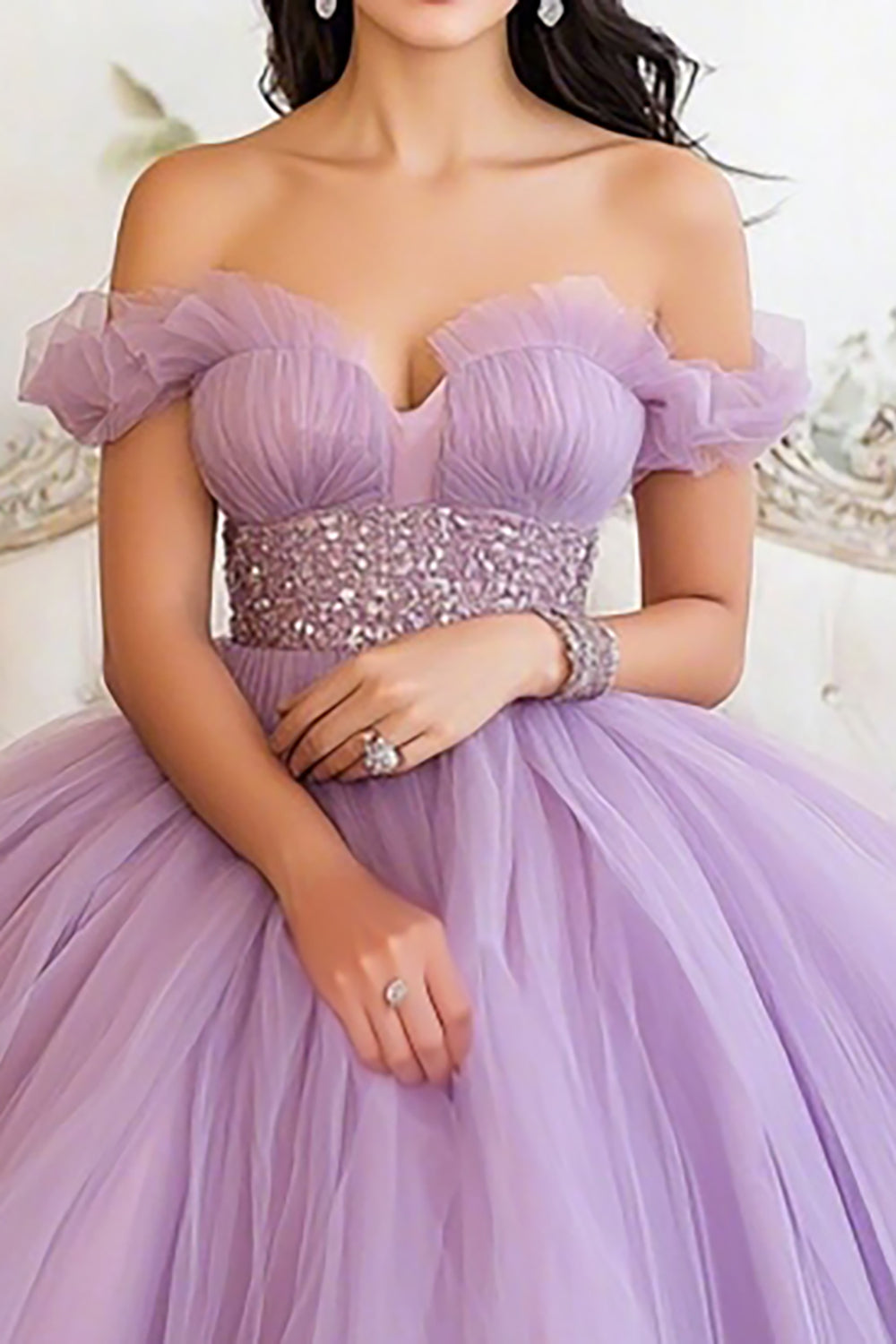 Lilac Ball Gown Tulle Off the Shoulder Long Quinceanera Dress with Ruffles