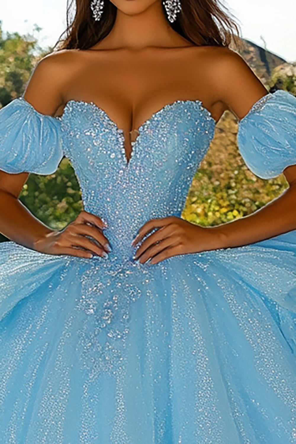 Sparkly Sky Blue Tulle Ball Gown Princess Ruffled Quinceanera Dress with Sleeves