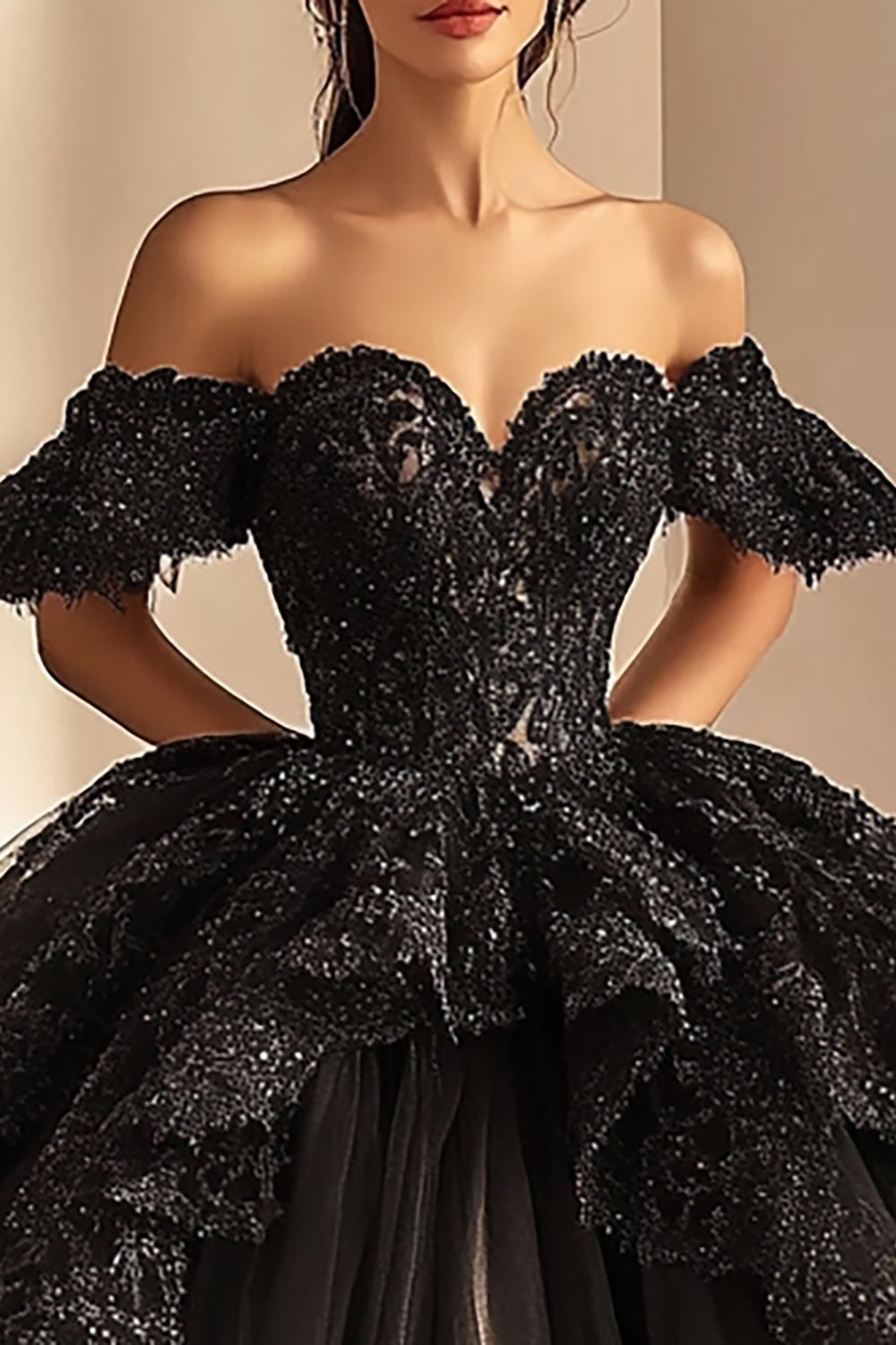 Sparkly Black Ruffled Ball Gown Princess Long Quinceanera Dress with Appliques
