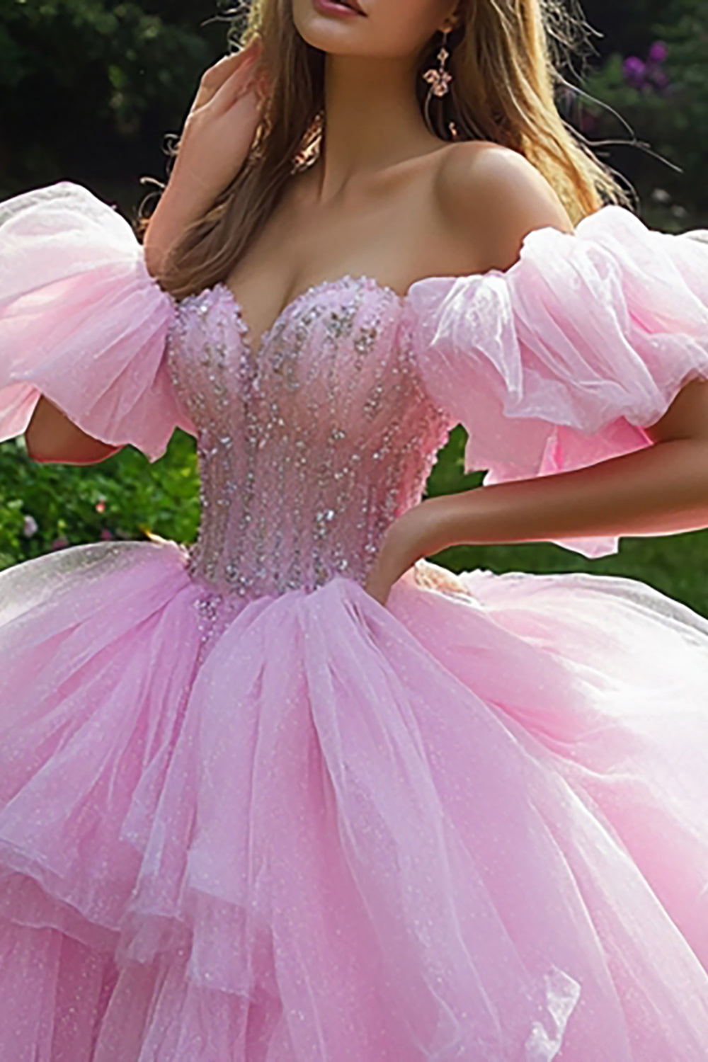 Pink Ball Gown Corset Princess Tulle Sweetheart Long Quinceanera Dress with Beading