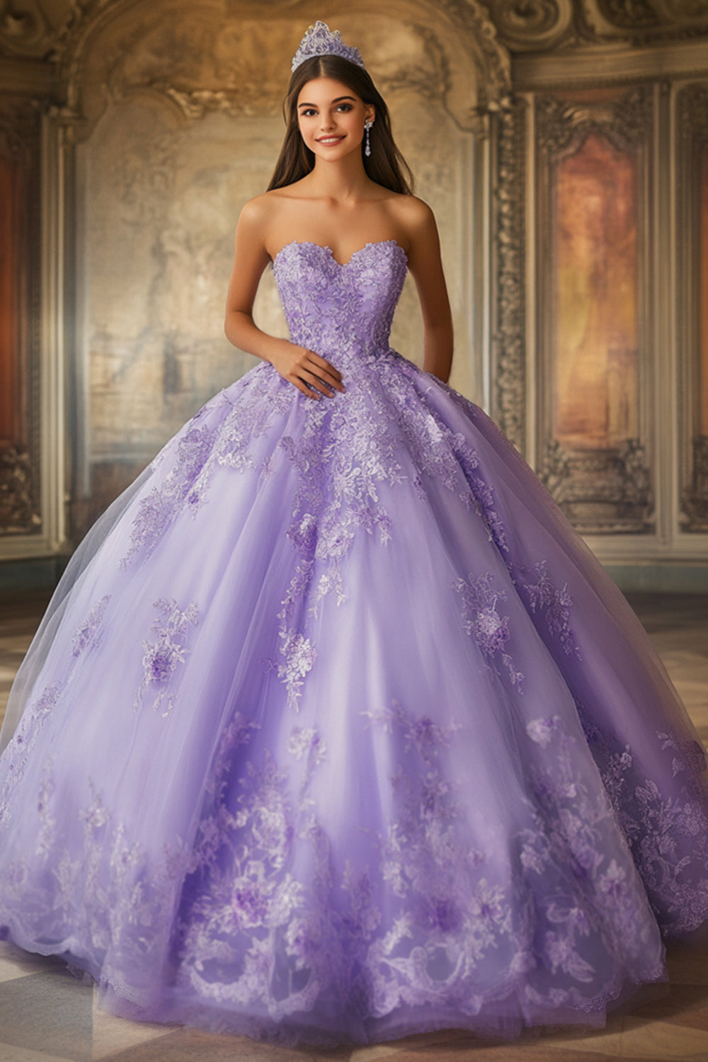 Floral Lilac Ball Gown Princess Sweetheart Long Quinceanera Dress
