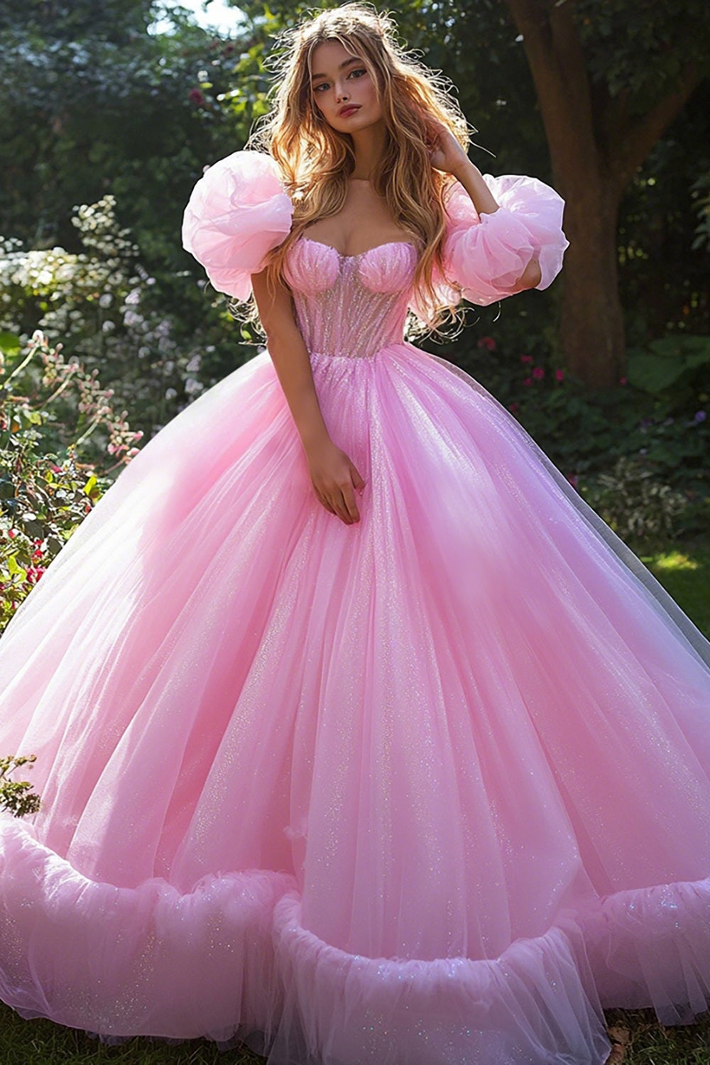 Sparkly Pink Ball Gown Princess Tulle Long Corset Quinceanera Dress with Sleeves