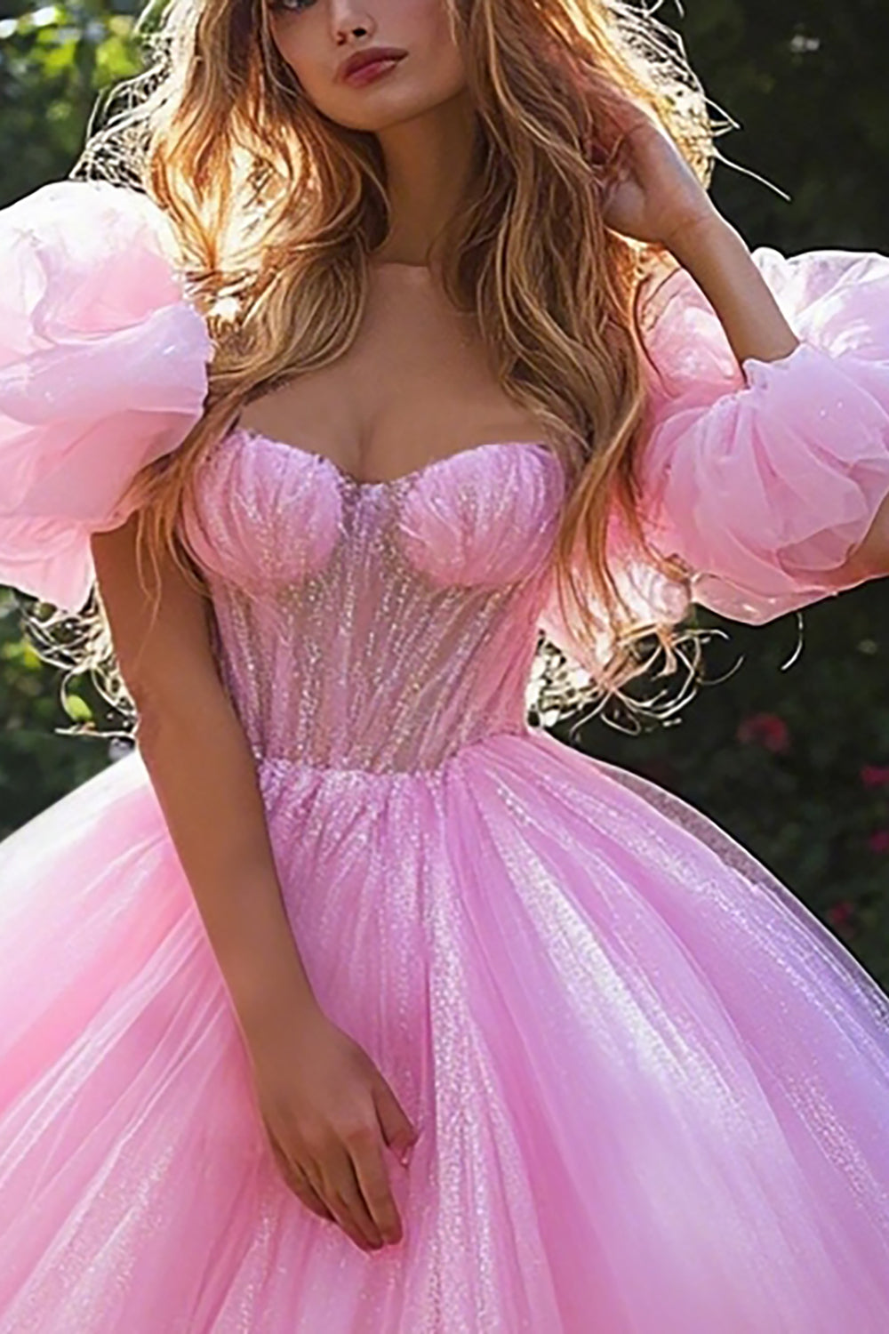 Sparkly Pink Ball Gown Princess Tulle Long Corset Quinceanera Dress with Sleeves