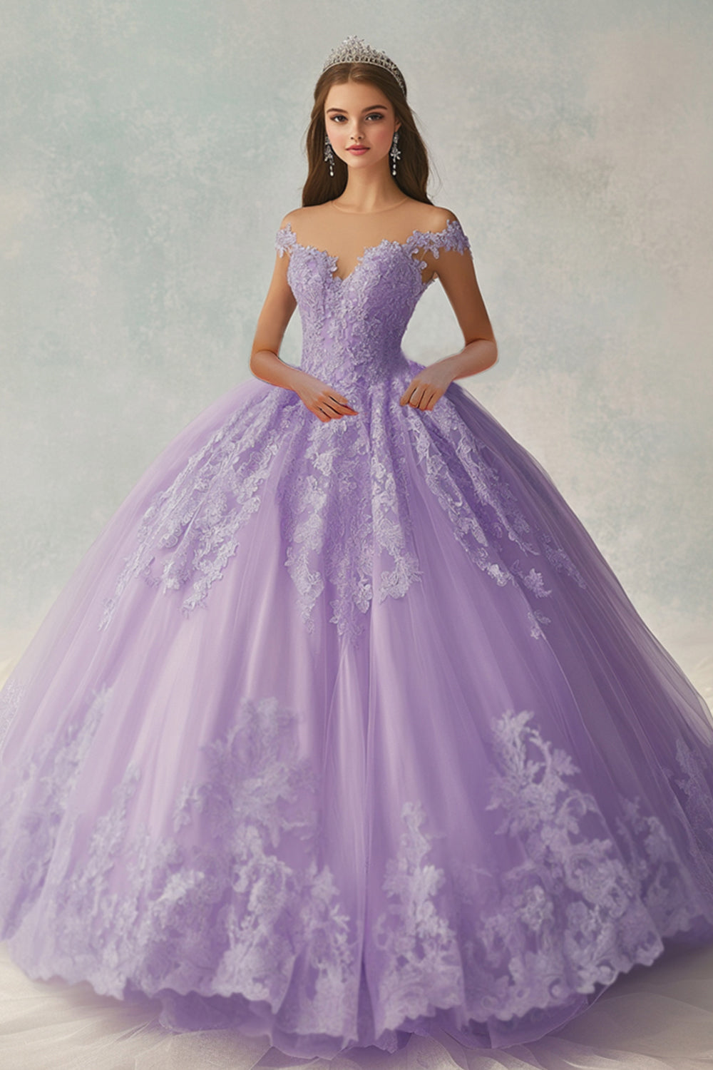 Lilac Princess Ball Gown Off the Shoulder Long Tulle Quinceanera Dress with Lace