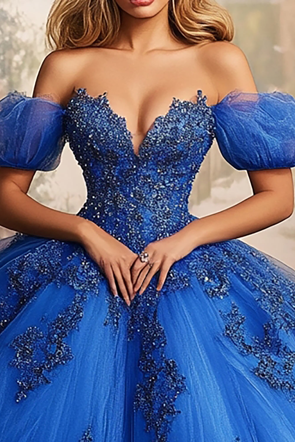 Royal Blue Tulle Princess Ball Gown Long Quinceanera Dress with Lace