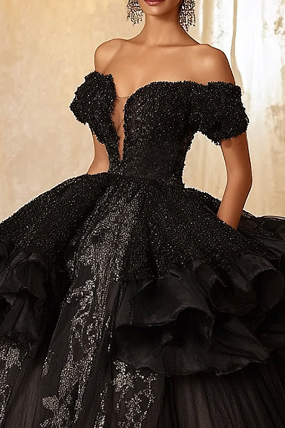 Sparkly Black Ruffled Ball Gown Princess Long Quinceanera Dress with Lace