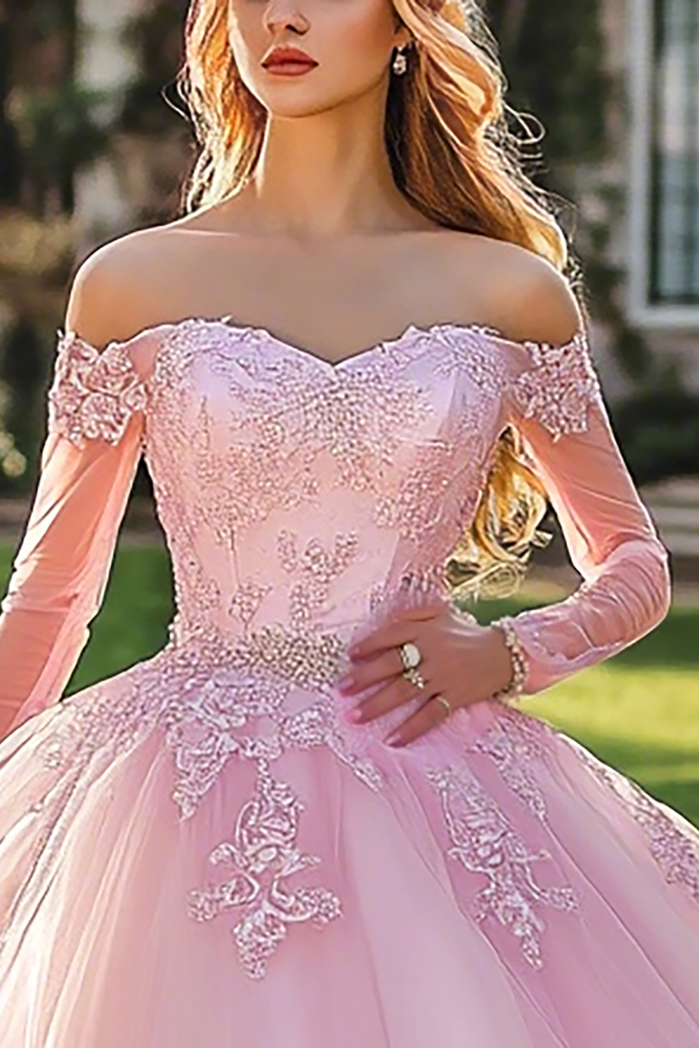 Pink Ball Gown Appliqued Off the Shoulder Long Quinceanera Dress with Sleeves