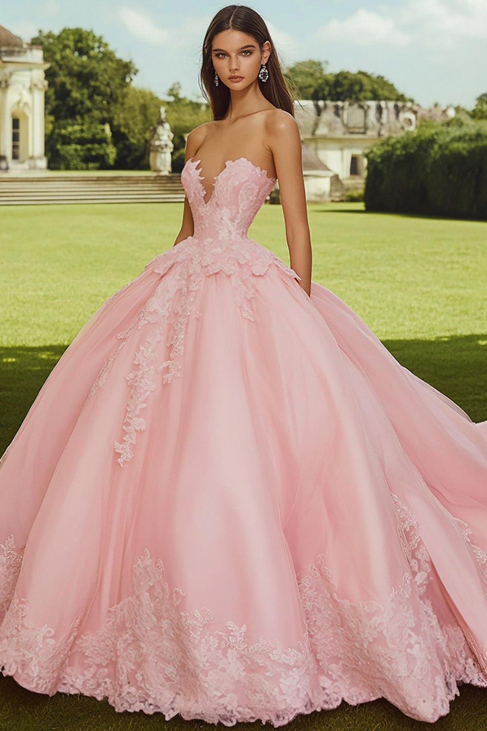 Pink Ball Gown Tulle Strapless Long Quinceanera Dress with Appliques