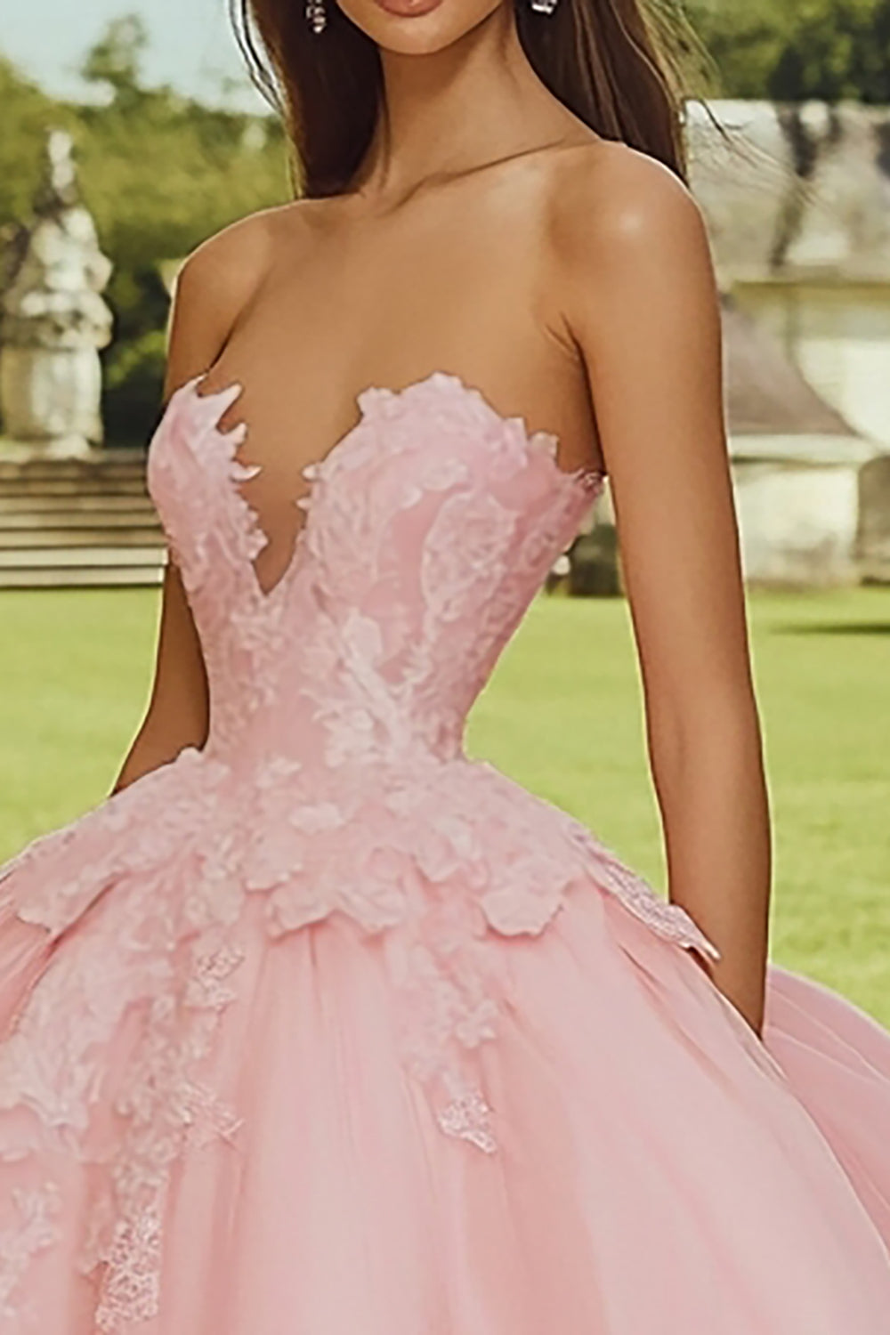 Pink Ball Gown Tulle Strapless Long Quinceanera Dress with Appliques