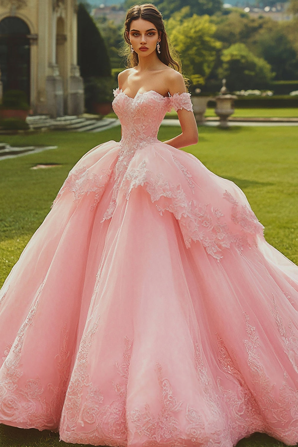 Pink Ball Gown Long Tulle Quinceanera Dress with Appliques