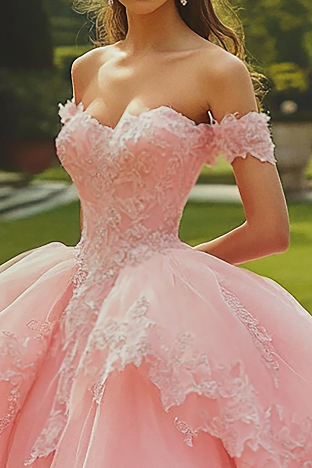 Pink Ball Gown Long Tulle Quinceanera Dress with Appliques