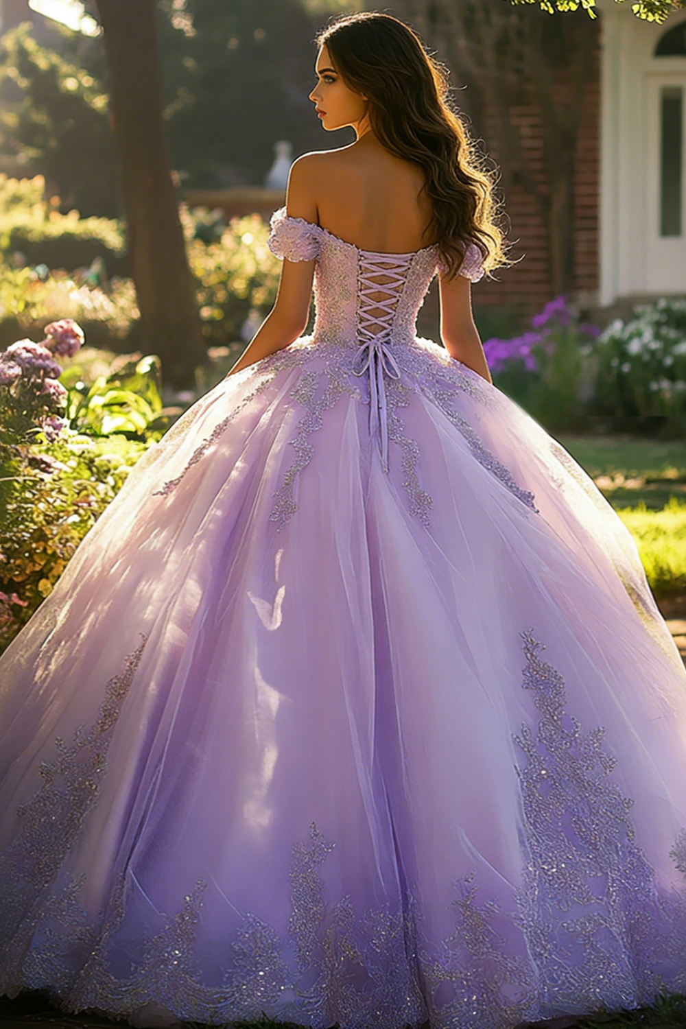 Lilac Ball Gown Off the Shoulder Long Tulle Quinceanera Dress with Appliques