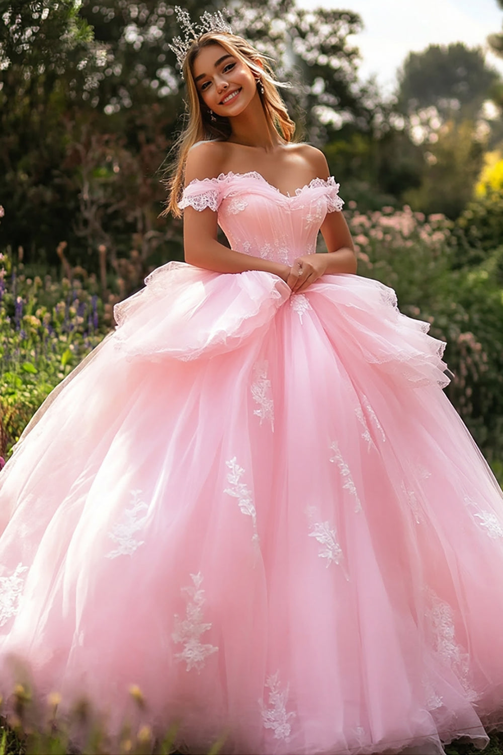 Pink Appliqued Tulle Ball Gown Long Quinceanera Dress with Ruffles