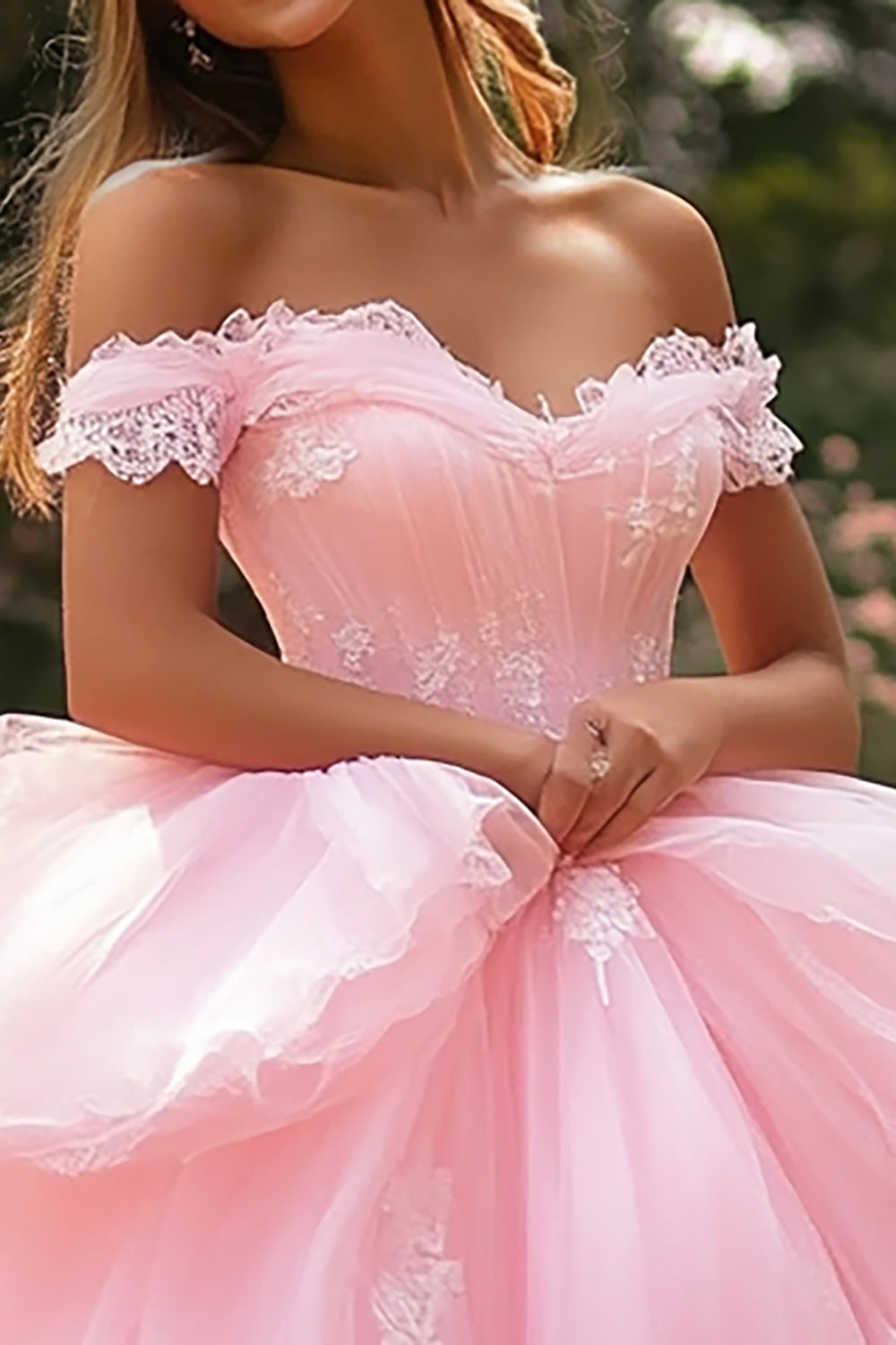 Pink Appliqued Tulle Ball Gown Long Quinceanera Dress with Ruffles