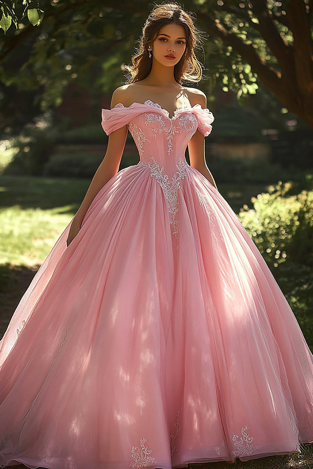 Pink Princess Tulle Corset Ball Gown Long Quinceanera Dress with Appliques