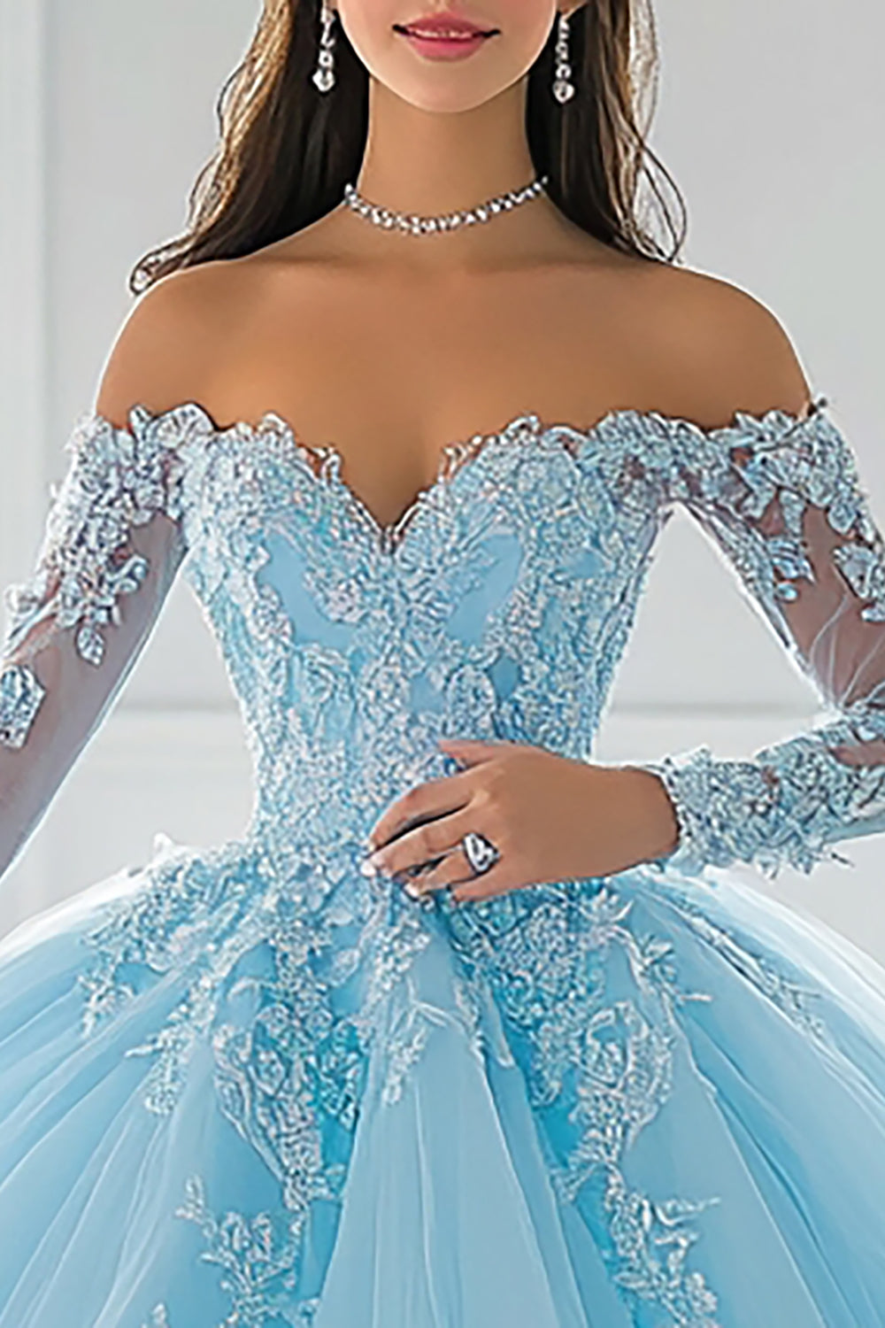 Floral Sky Blue Ball Gown Long Sleeves Quinceanera Dress with Lace
