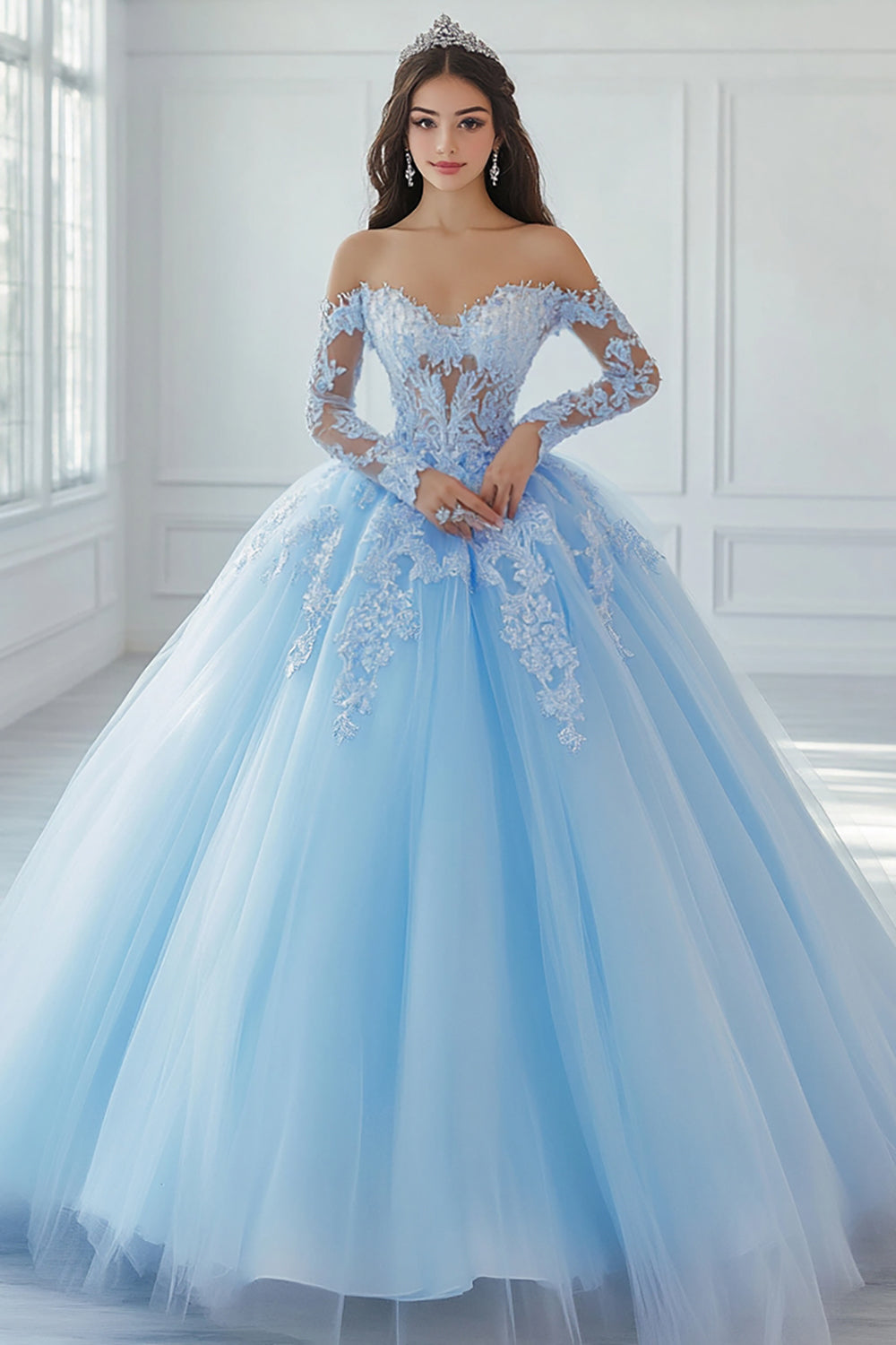 Floral Sky Blue Long Sleeves Ball Gown Princess Quinceanera Dress with Lace