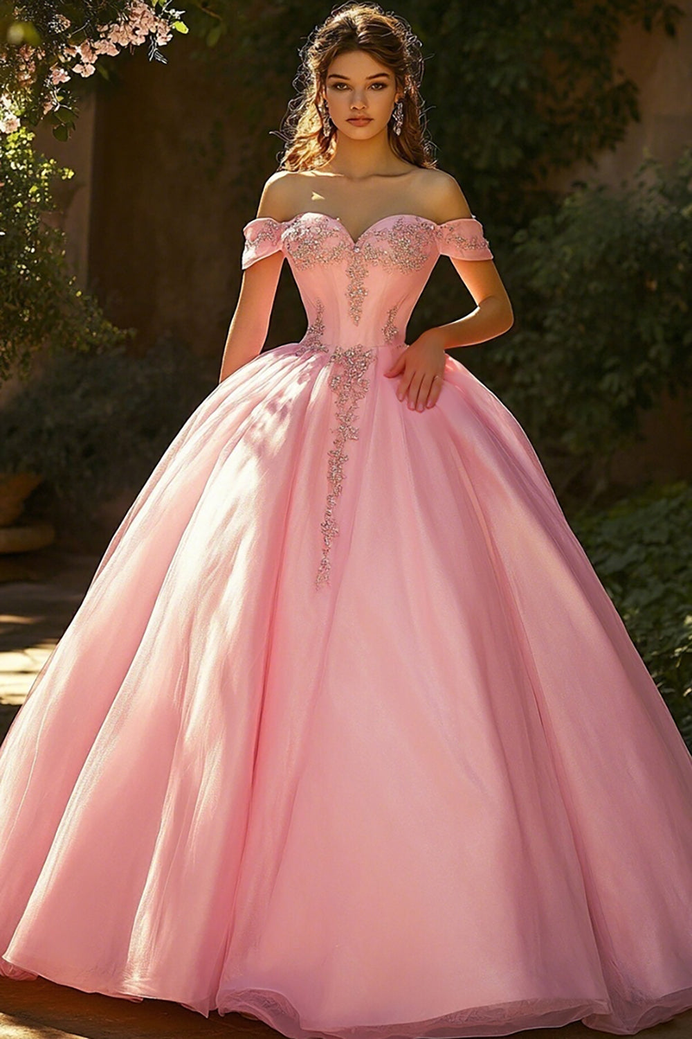 Pink Tulle Ball Gown Off the Shoulder Long Quinceanera Dress with Appliques